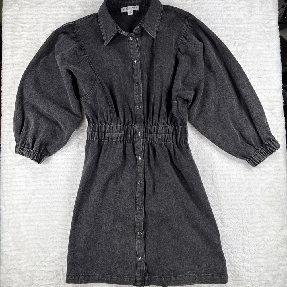 SHE + SKY Washed Grey Denim Puff Sleeve Mini Dress Smocked Waist Size M Contemp